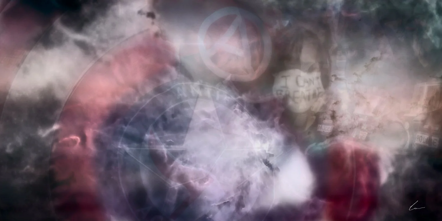 Abstract digital artwork with police badges, a peace symbol, and the phrase 'I can't breathe' embedded in a smoky, colorful background.