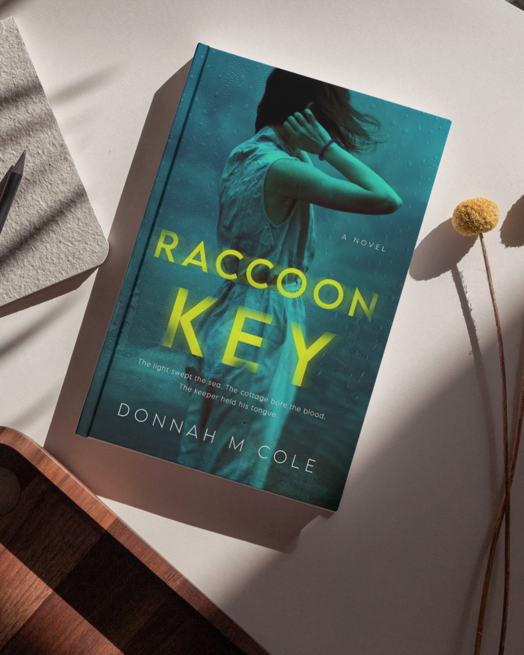 Book titled "Raccoon Key" by Donnah M Cole, featuring a woman in a sleeveless top with her hand on her neck, on the cover. The scene appears underwater with rain or water droplets visible. The book is placed on a white surface next to a dried flower and a textured notebook with a pen.