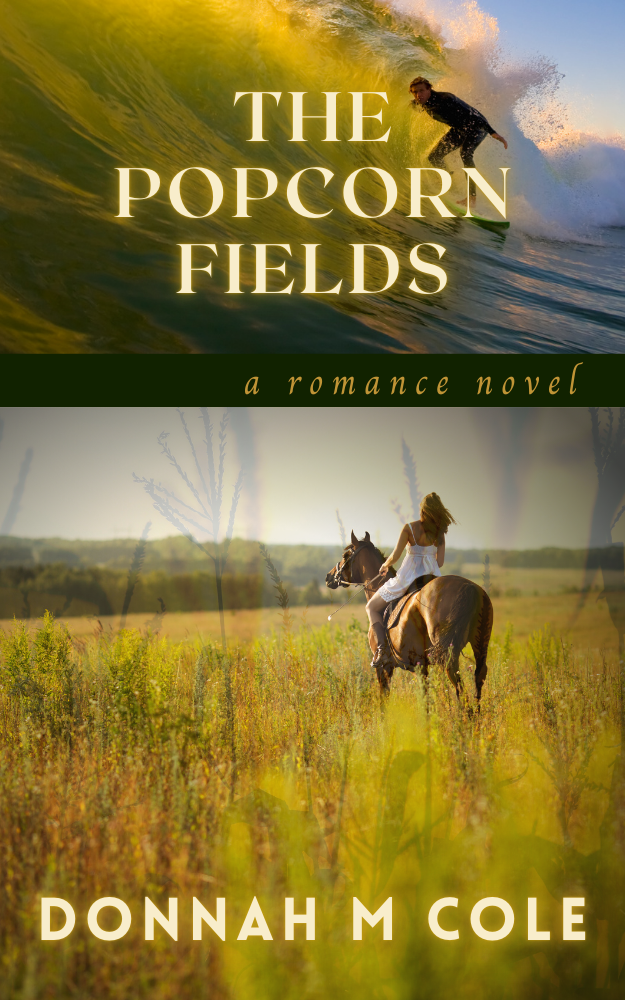 Book cover titled "The Popcorn Fields" by Donnah M. Cole, featuring a surfer riding a wave at the top and a woman riding a horse in a field at the bottom.