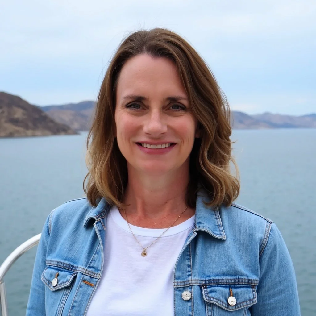 A woman with wavy brown hair smiling outdoors near a body of water with mountains in the background