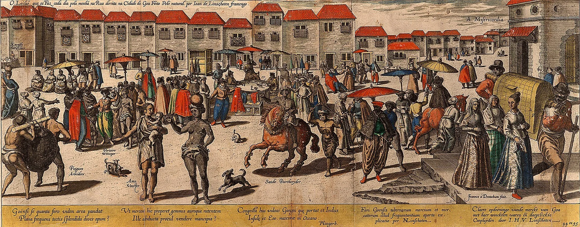 A historical scene with many people in traditional clothing gathered in a town square, including vendors, a man on horseback, and various market stalls, with buildings and a church in the background.