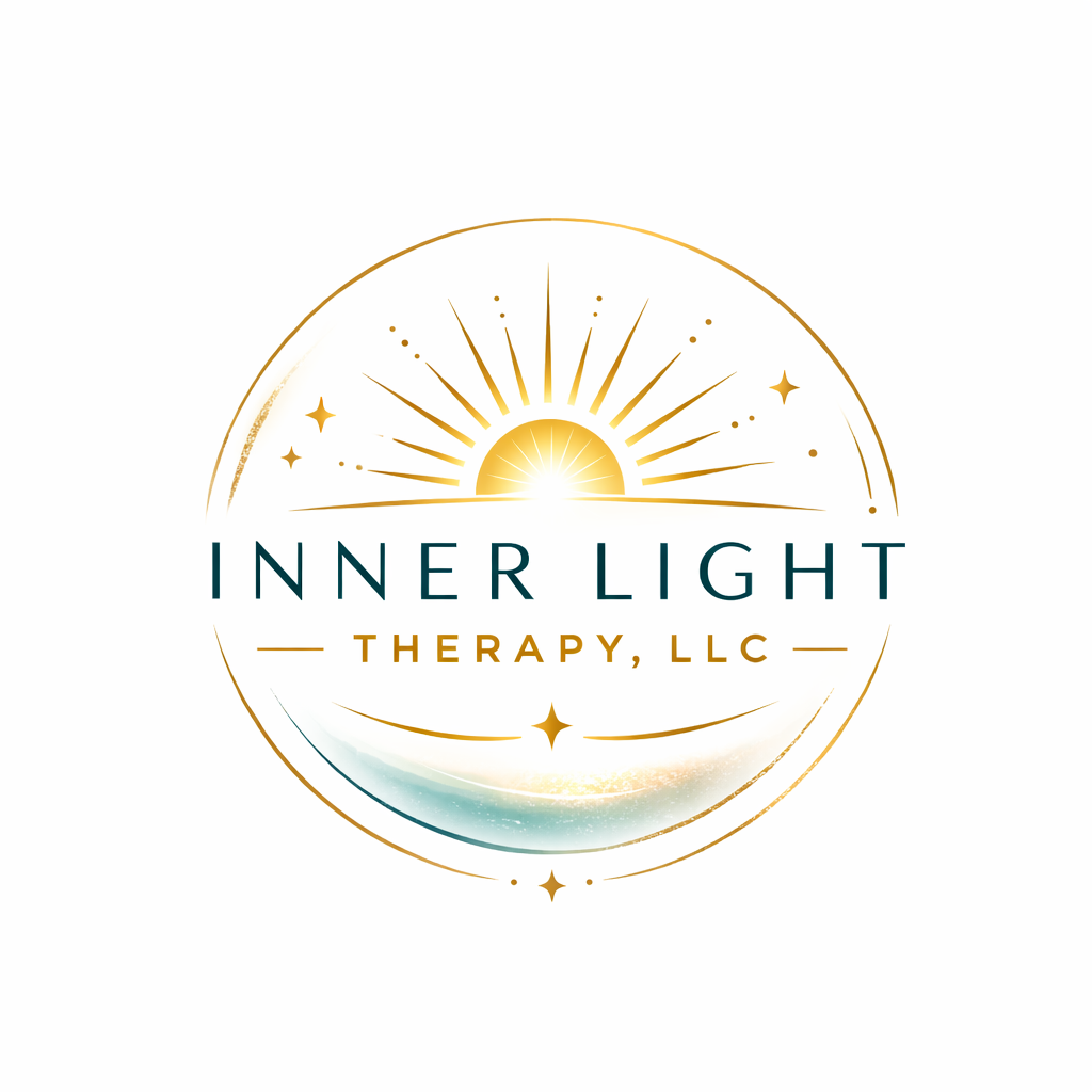 Logo for Inner Light Therapy, LLC featuring a stylized sun with rays, stars, and a reflection on water, with the company name in elegant font.