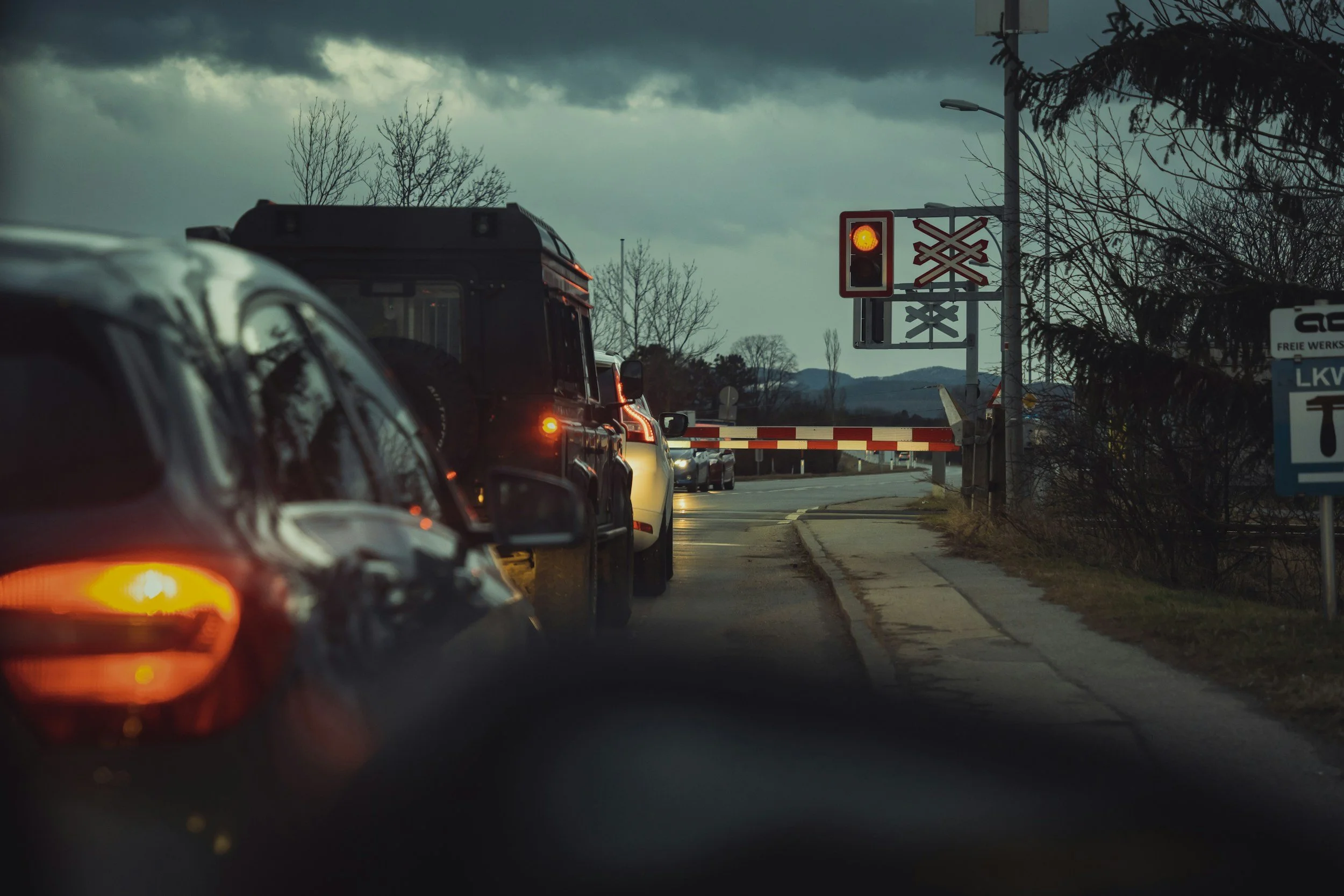 Stopped at a railroad crossing