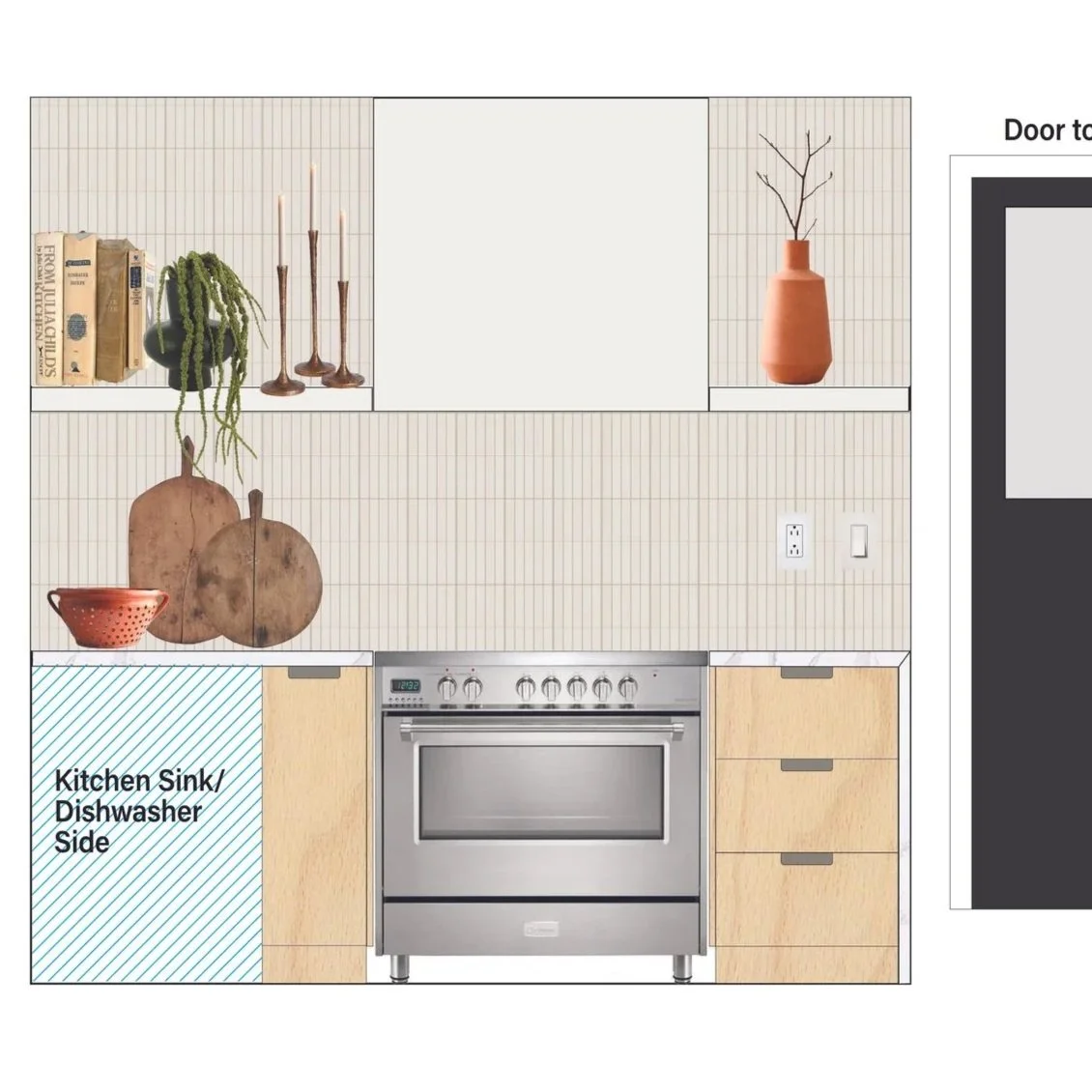 Kitchen cabinet with decorative items, including books, a potted plant, candlesticks, a vase with branches, and cutting boards, with a stove and dishwasher side.