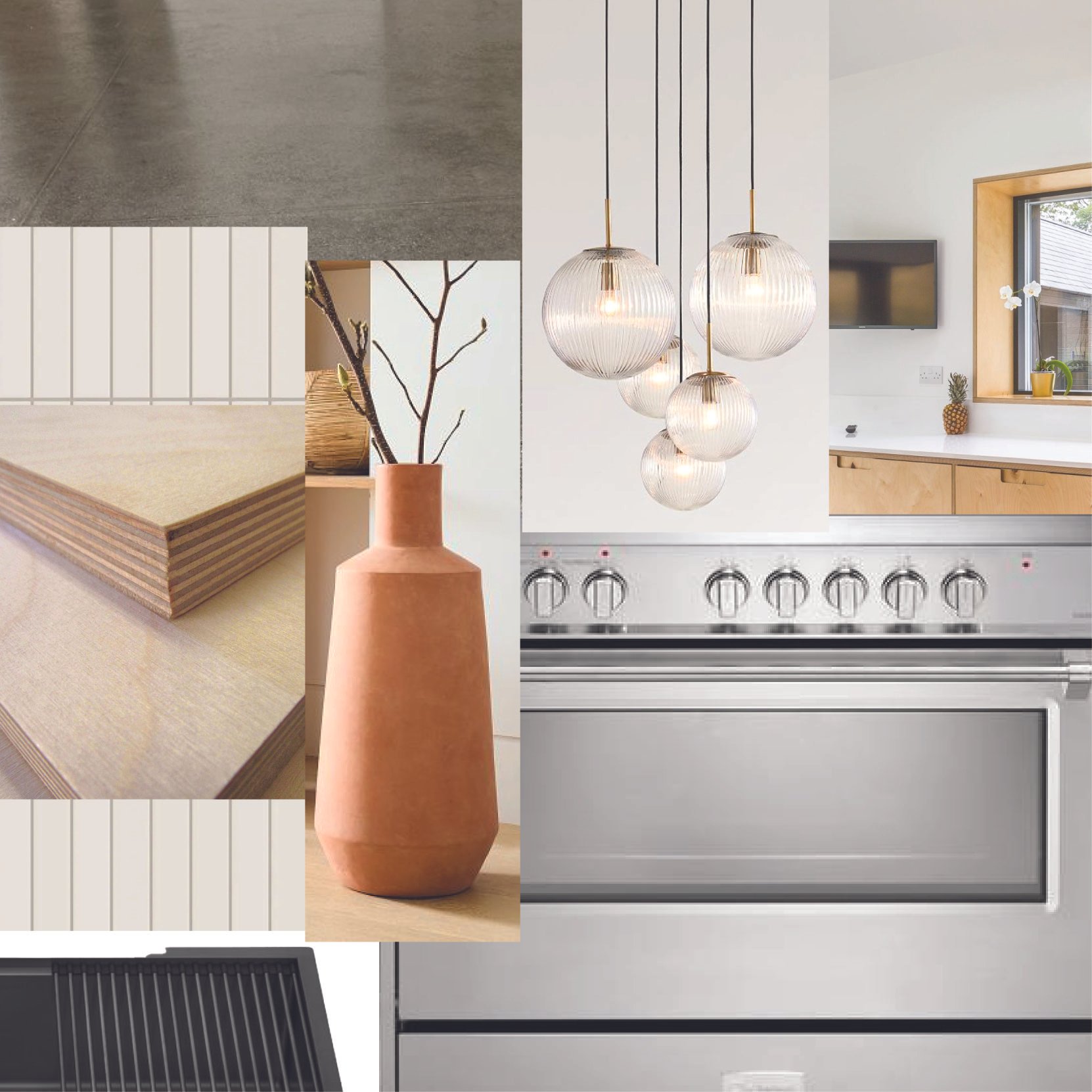 Collage of various interior design elements including a gray stone floor, a wooden sample board, a terracotta vase with a leafless branch, a cluster of white spherical pendant lights, a modern kitchen with wooden cabinets, a pineapple, a window with a small plant, and a black stove with control knobs.
