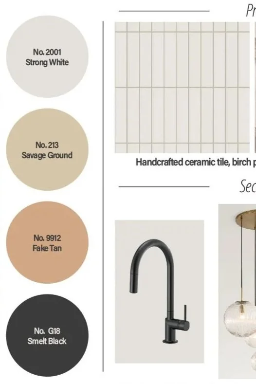 Color palette with four circular swatches labeled Strong White, Savage Ground, Fake Tan, and Smelt Black, alongside a grid of handmade ceramic tiles and a black kitchen faucet.