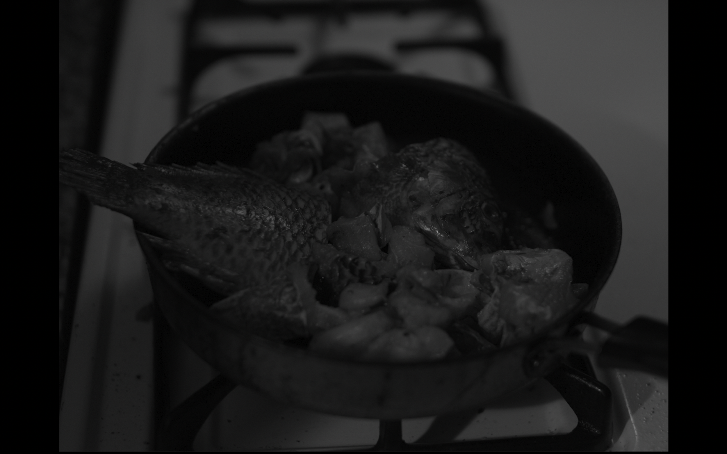 A pan on a stovetop containing fish and chopped vegetables being raw fish. A still from the short film, FISH (2025).