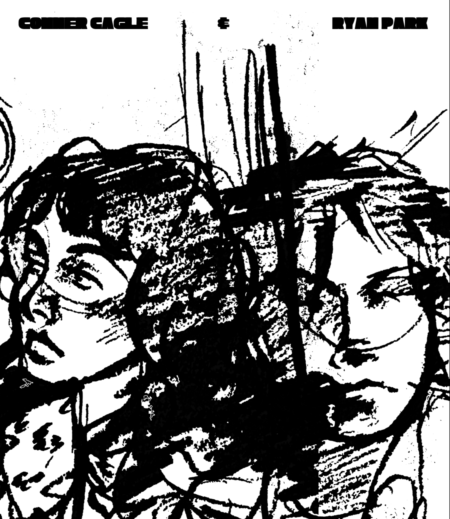 Black and white illustration of a movie poster featuring a man and a woman, Ryan Christopher Park and Conner Cagle in CALL GIRL (2026)