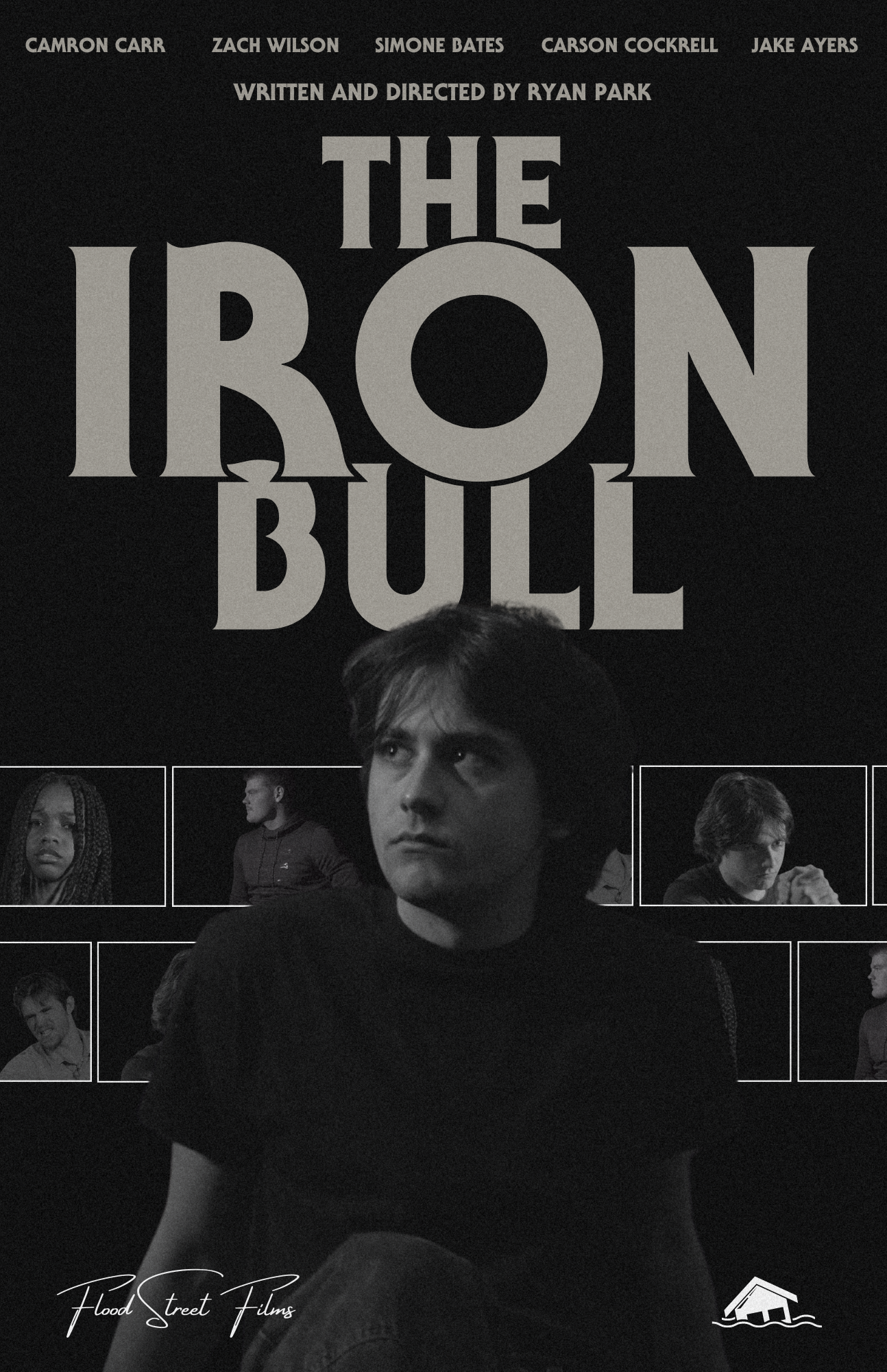 Black and white poster for the film 'The Iron Bull,' featuring a young man sitting in front of the poster with various smaller photos of diverse children in boxes. The title is prominent in large text at the top.