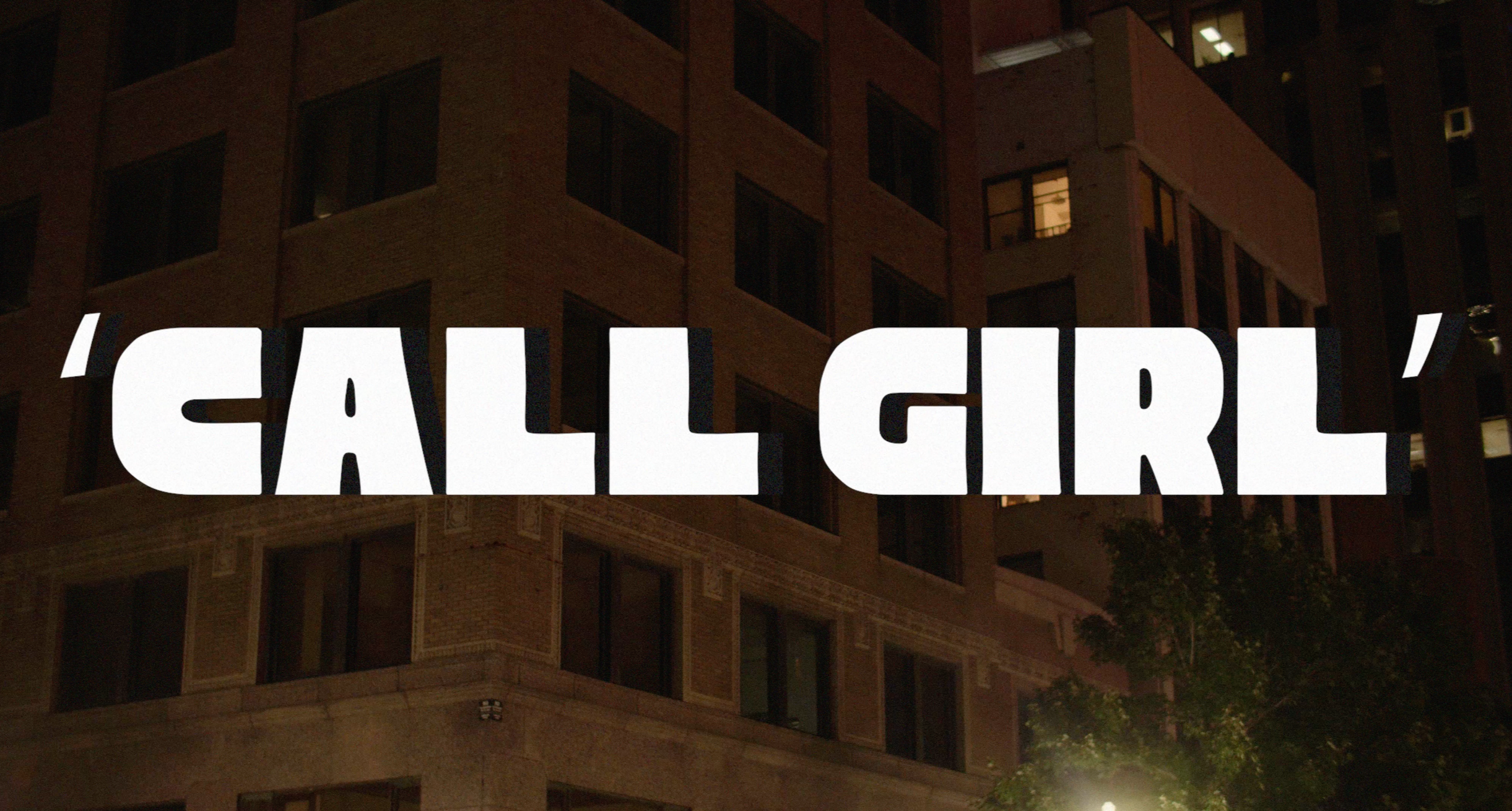 Nighttime photo of a building with illuminated windows and a tree. Overlaid text in large, white, stylized font says, 'CALLGIRL'.