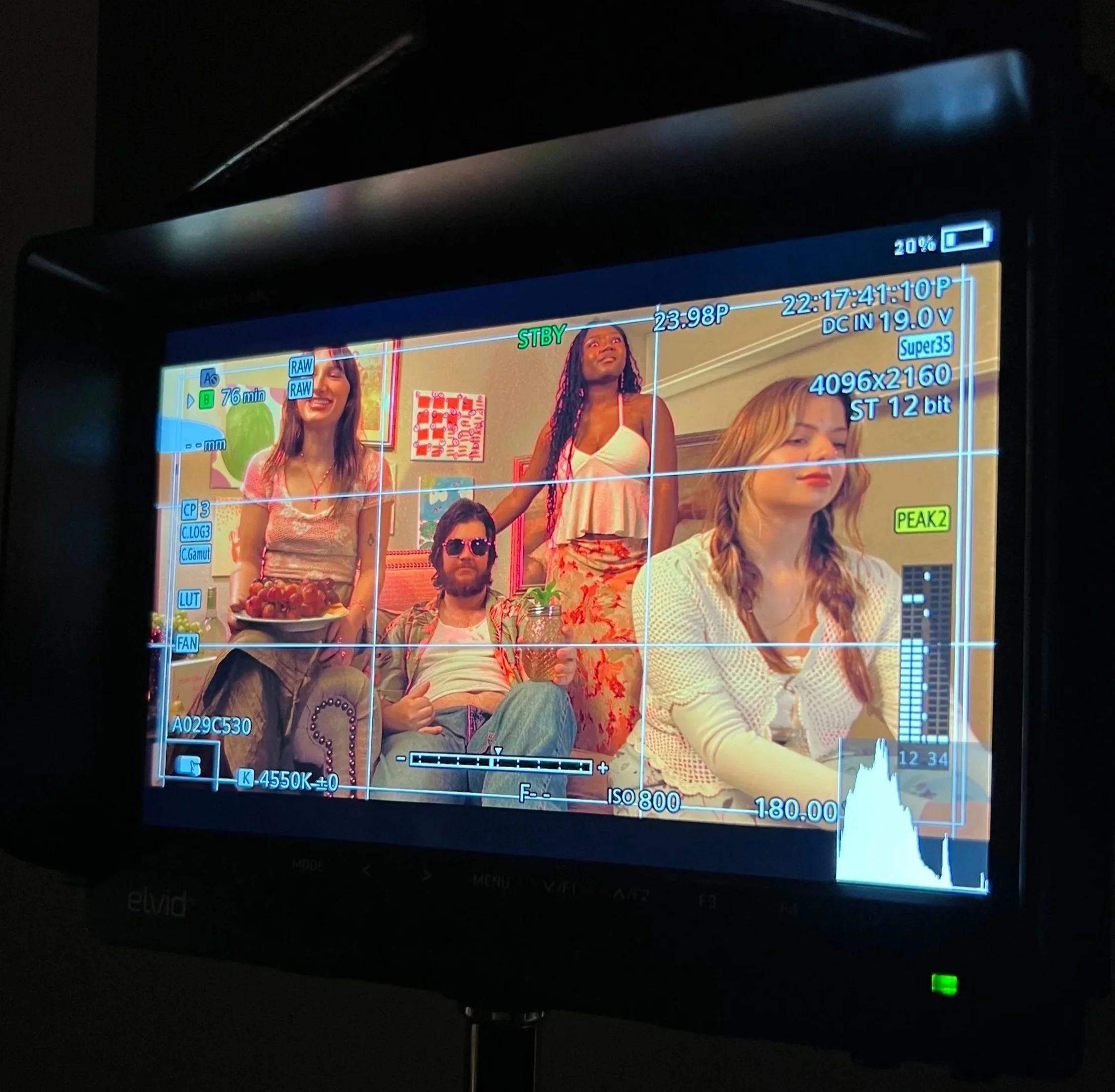 Camera display of 'Sam Brownstone & the Paintettes' (2025) with three women and one man in a room, capturing a scene with the monitor showing camera settings and a colorful background.