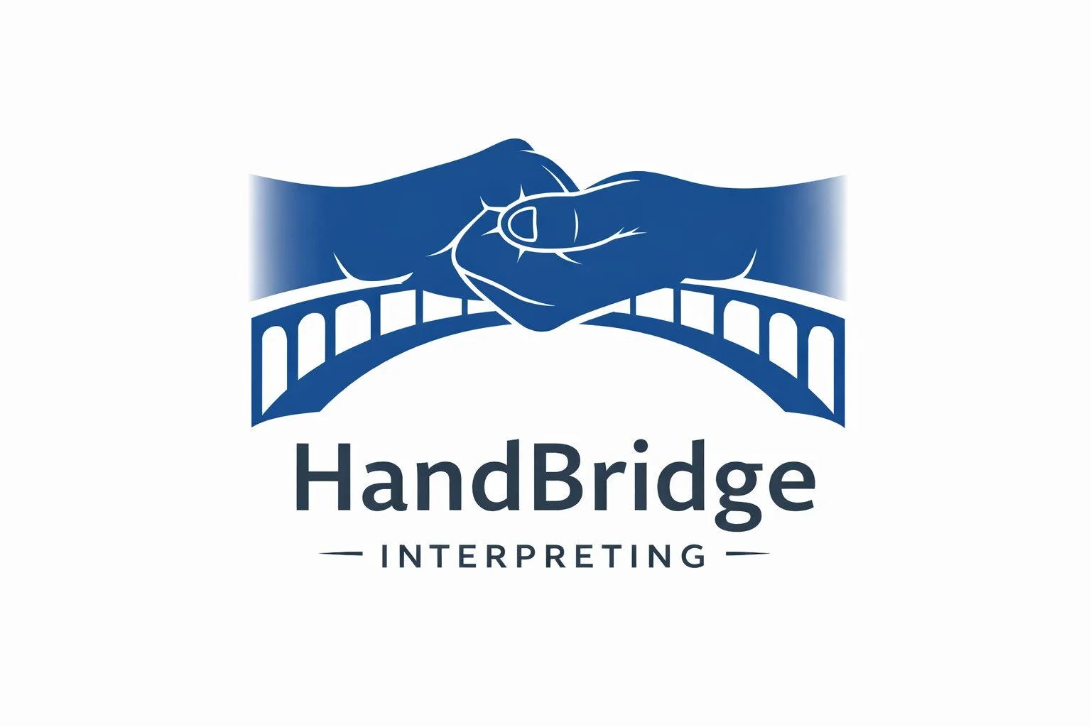 Logo featuring two blue hands shaking over a bridge with the words 'HandBridge Interpreting' beneath.