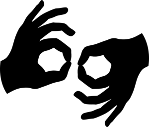 Silhouette of two cartoon faces with hands framing their faces, smiling and making a gesture with their fingers.