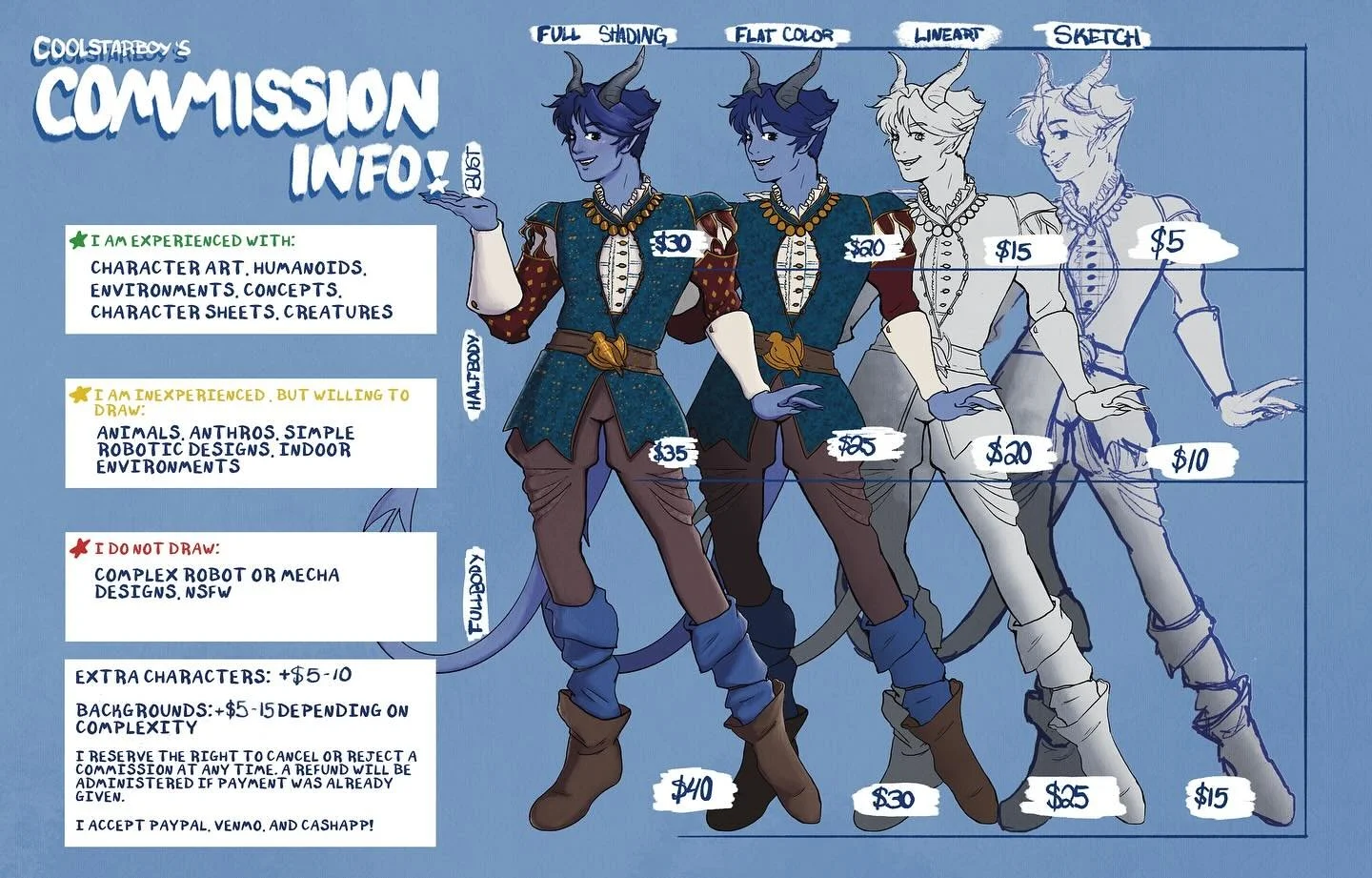 hey guys!! very excited to say i finally had the time to sit down and make some commission guidelines!! 

not expecting a big volume so i&rsquo;m not going to open slots or anything like that for now&mdash; but i appreciate any interest, likes or sha