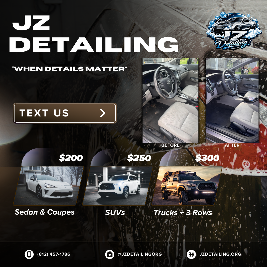 A promotional flyer for JZ Detailing shows before and after images of a car interior cleaning and price options for vehicle detailing services, including sedans, SUVs, and trucks, with contact information and social media handles.