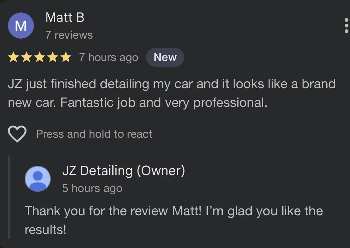 Online review conversation between Matt B and JZ Detailing about car detailing services.