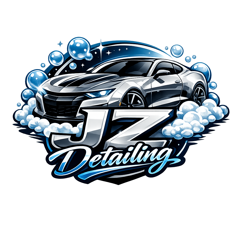 A stylized logo featuring a silver sports car surrounded by white and blue bubbles with the text 'JZ Detailing'.