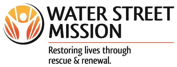 Water Street Mission logo with a stylized person and wings, and the slogan 'Restoring lives through rescue & renewal'.