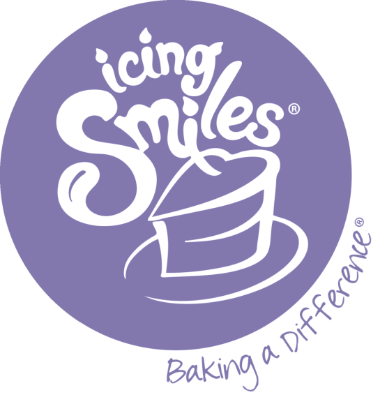 A circular logo with a purple background featuring the text 'icing smiles' and a stylized cake with a spatula, and the slogan 'Baking a Difference'.