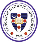 Lancaster Catholic High School emblem with a shield, cross, and text, dated 1928.