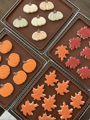 Assorted fall-themed cookies shaped like pumpkins, pumpkins with stripes, and gourds, as well as maple leaves in red and orange, all on baking trays.