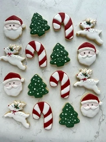 Collection of Christmas-themed cookies including Santa Claus, Christmas trees, candy canes, and reindeer, arranged on a marble surface.