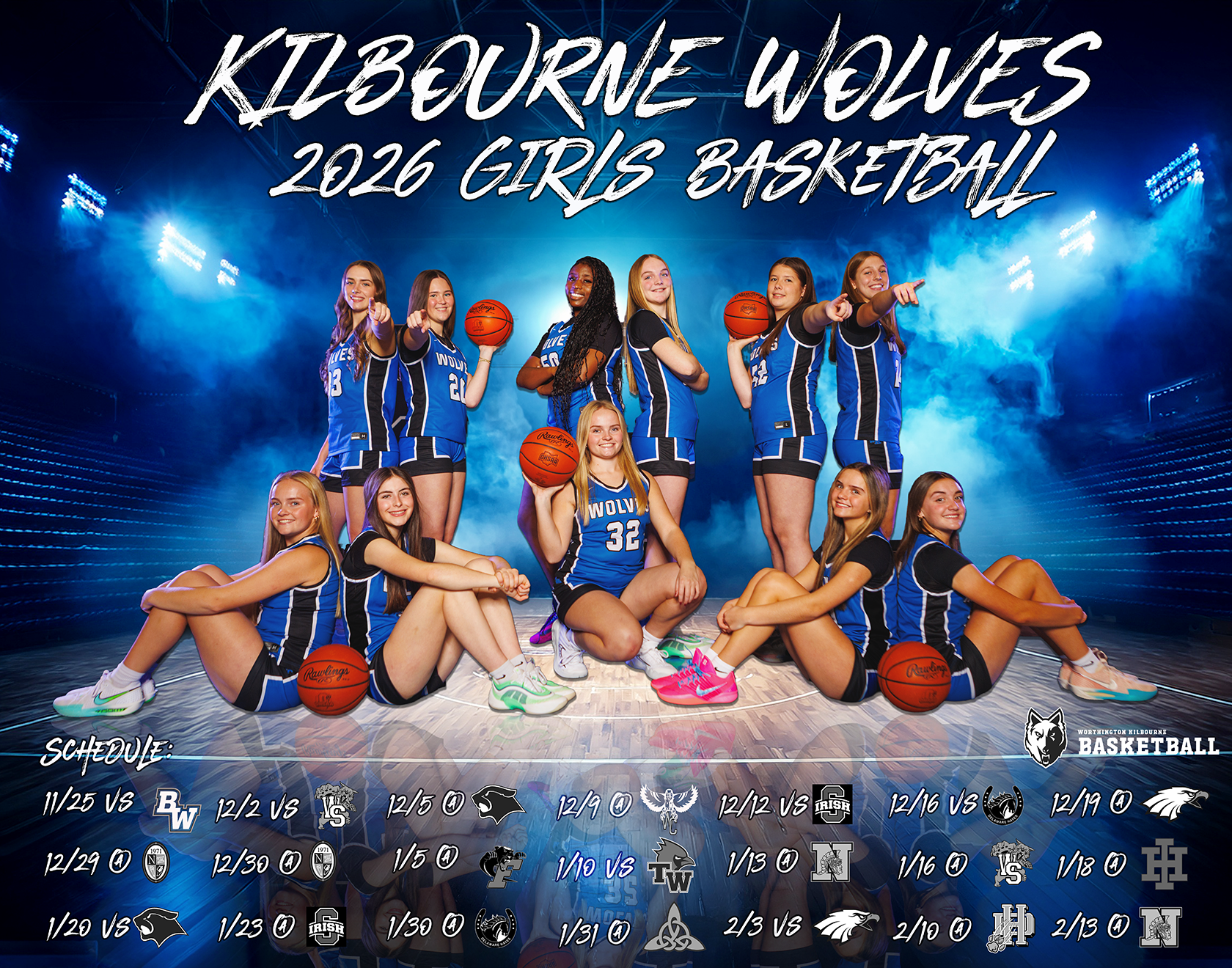 Media day shoot and poster. Girls basketball team in blue and black uniforms with basketballs, posing on a court with a headline for 2026 Girls Basketball season, and a schedule of games with dates and opponents.