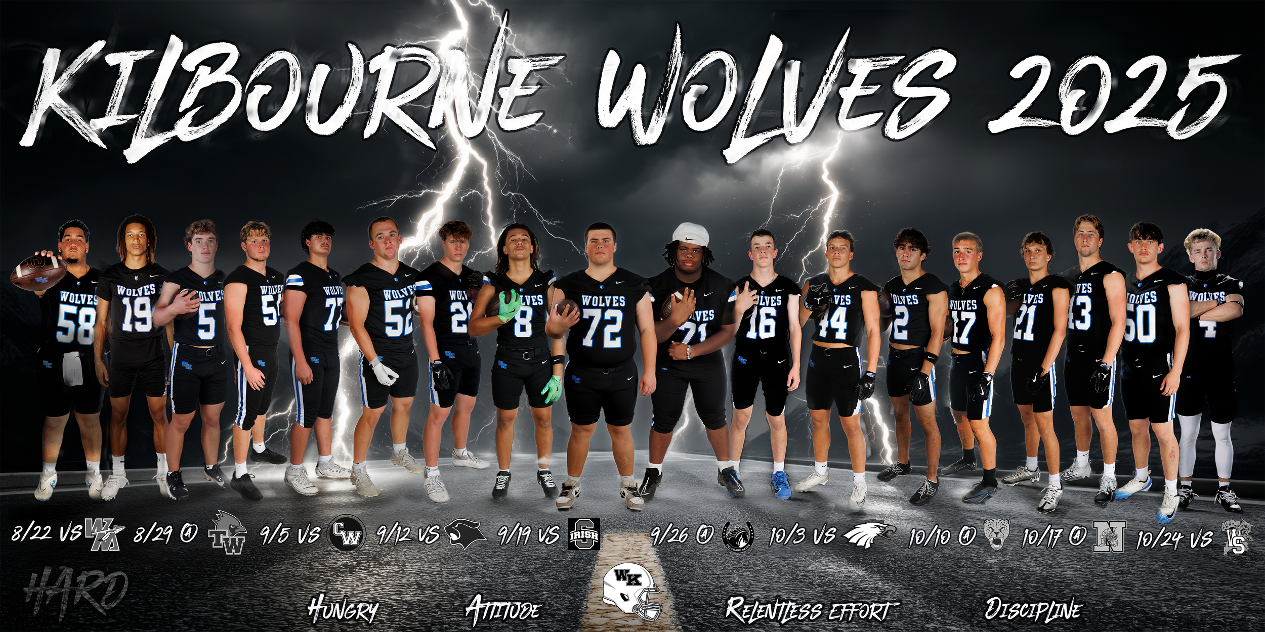 A football team called the Kibourn Wolfes 2025 stands in a single row on a stormy background with lightning. The players are in black uniforms with blue and white details, holding footballs, standing on a reflective surface. A schedule of upcoming ga