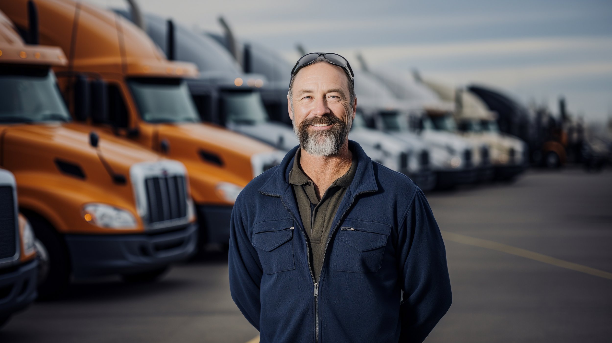man smiling standing infront of multiple eighteen wheeler trucks