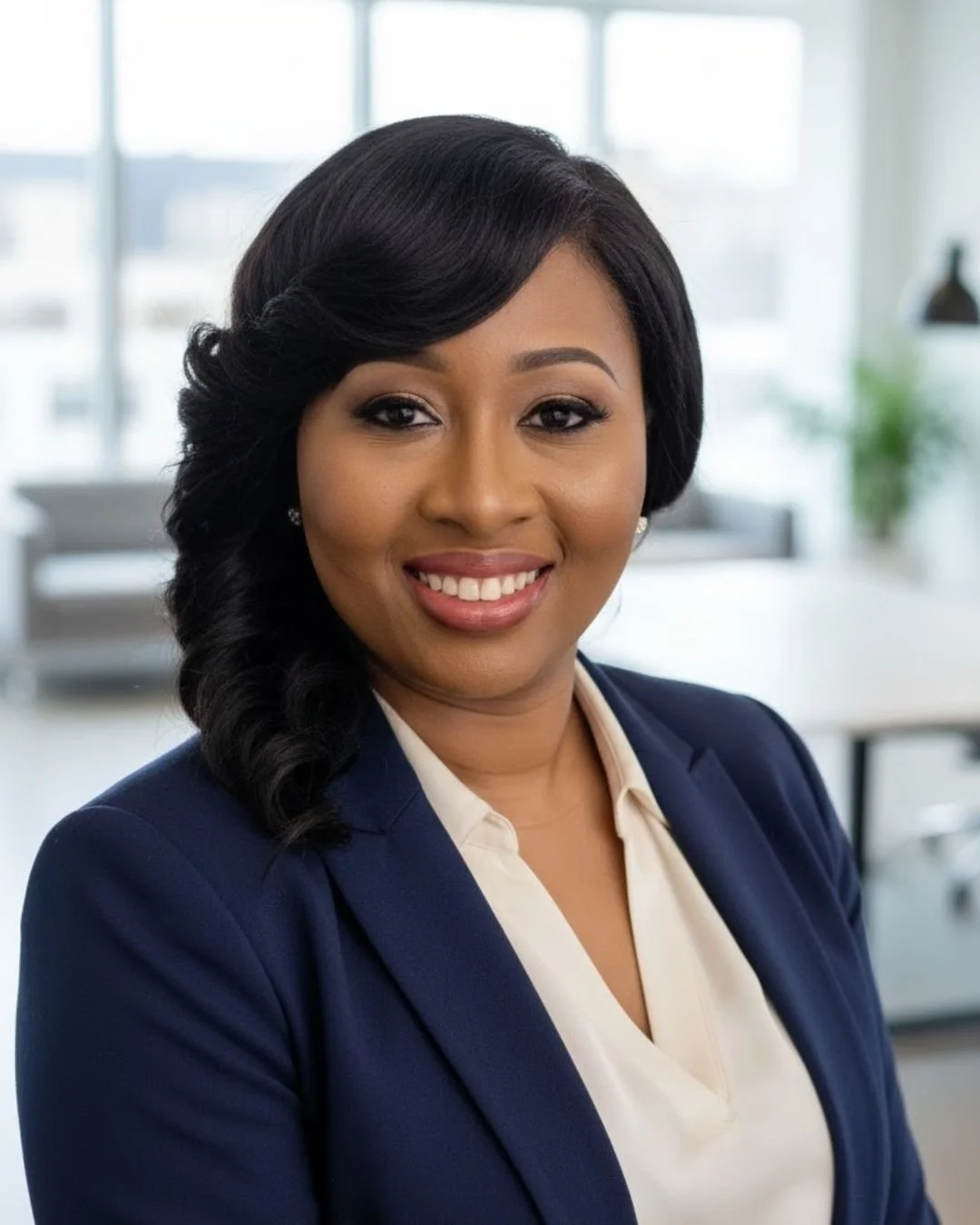 Jennifer brown posing, smiling, wearing a navy blue blazer and tan blouse with hair curled and pinned to the side