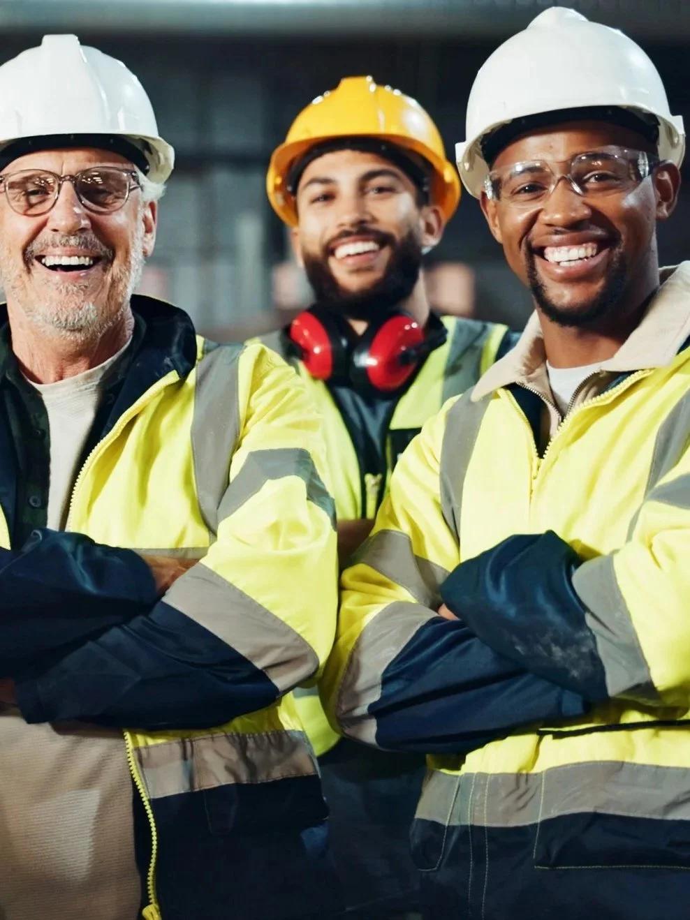 3 men in a group, standing, smiling wearing construction uniforms