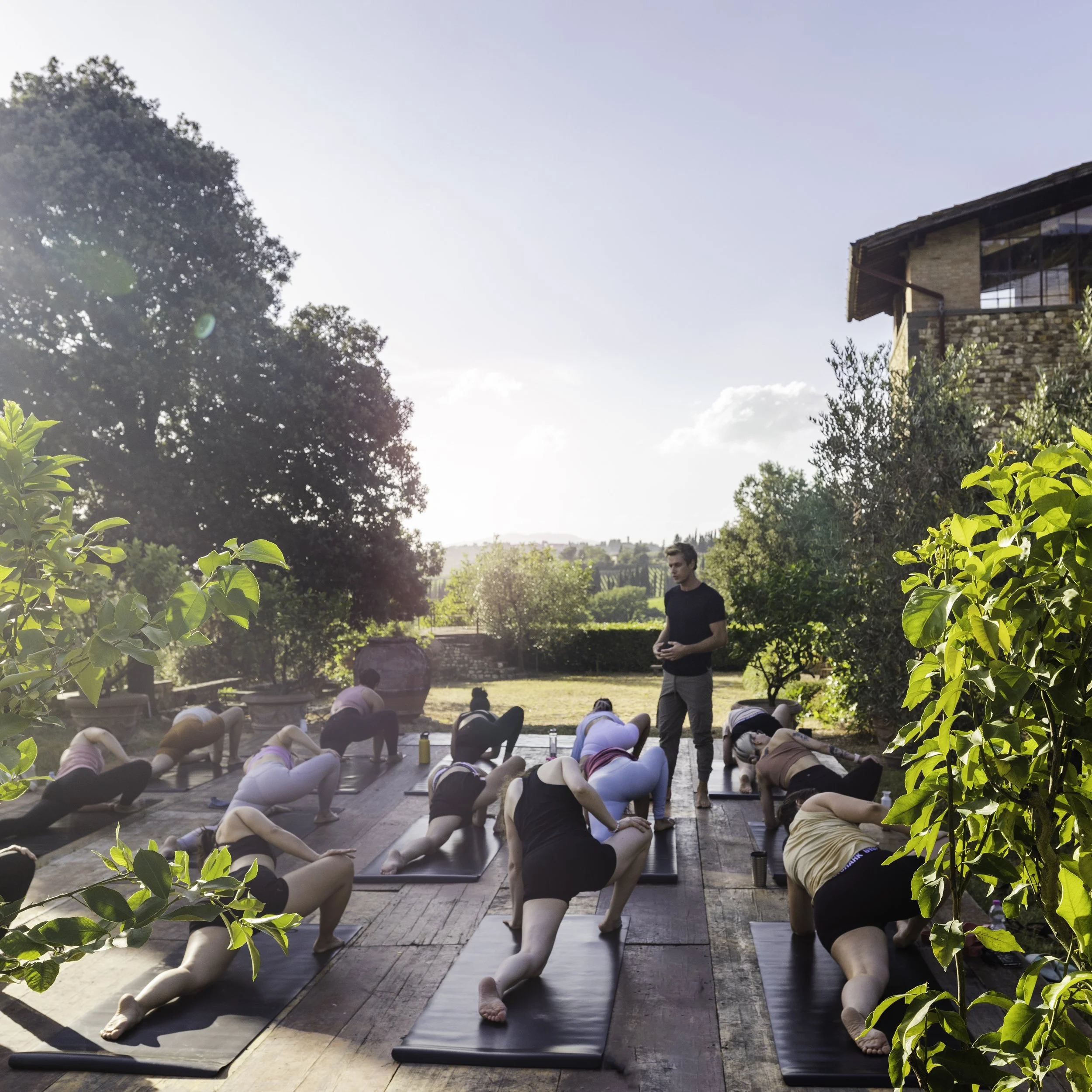 Outdoor yoga class on a wooden deck with participants in yoga poses and sunlight shining through trees.