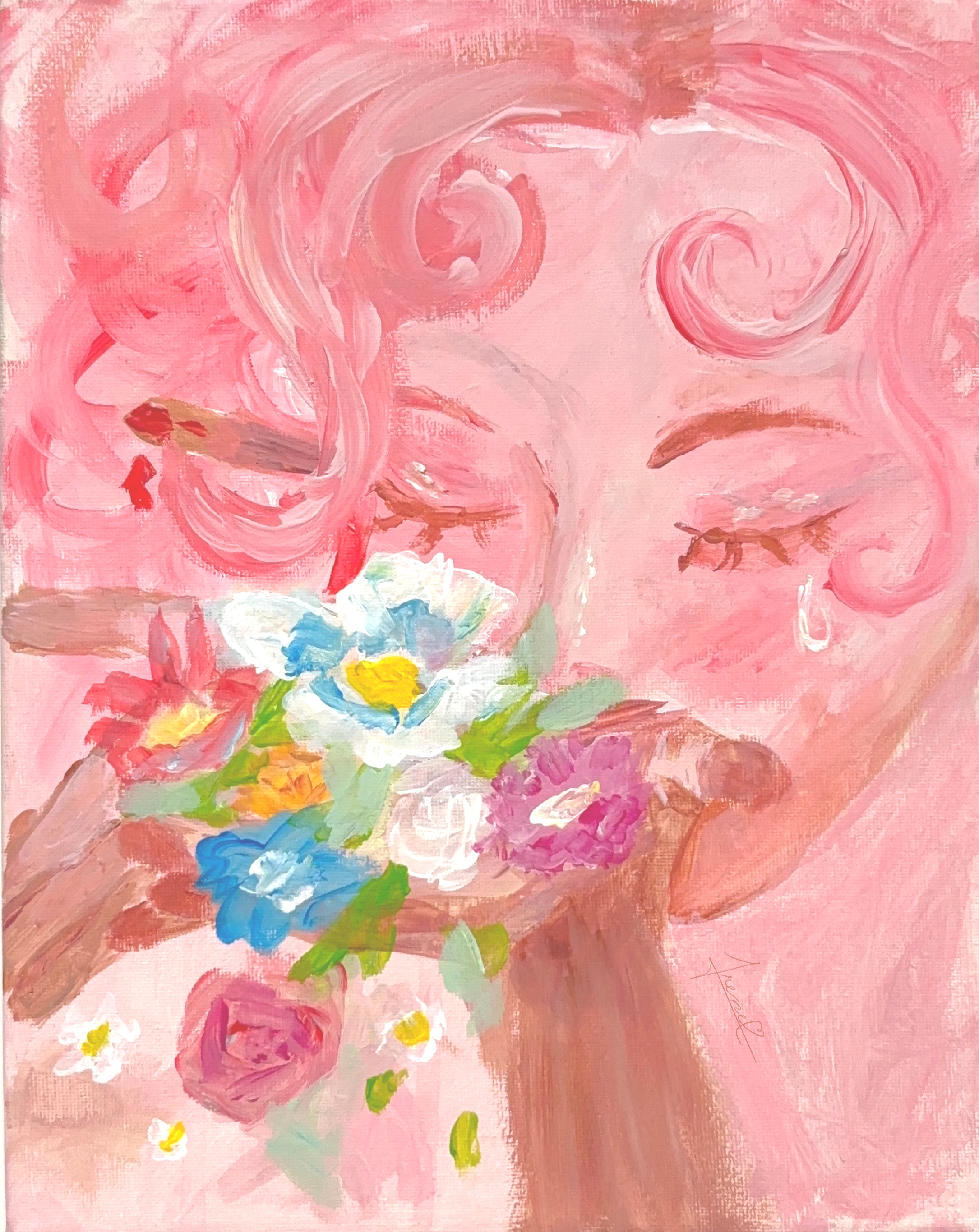 Painting of a girl with curly pink hair holding a bouquet of colorful flowers, with her eyes closed and a tear falling down her cheek.
