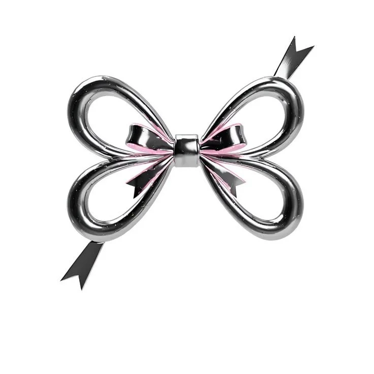 A metallic bow-shaped decoration with a ribbon, featuring a small arrow piercing through it.