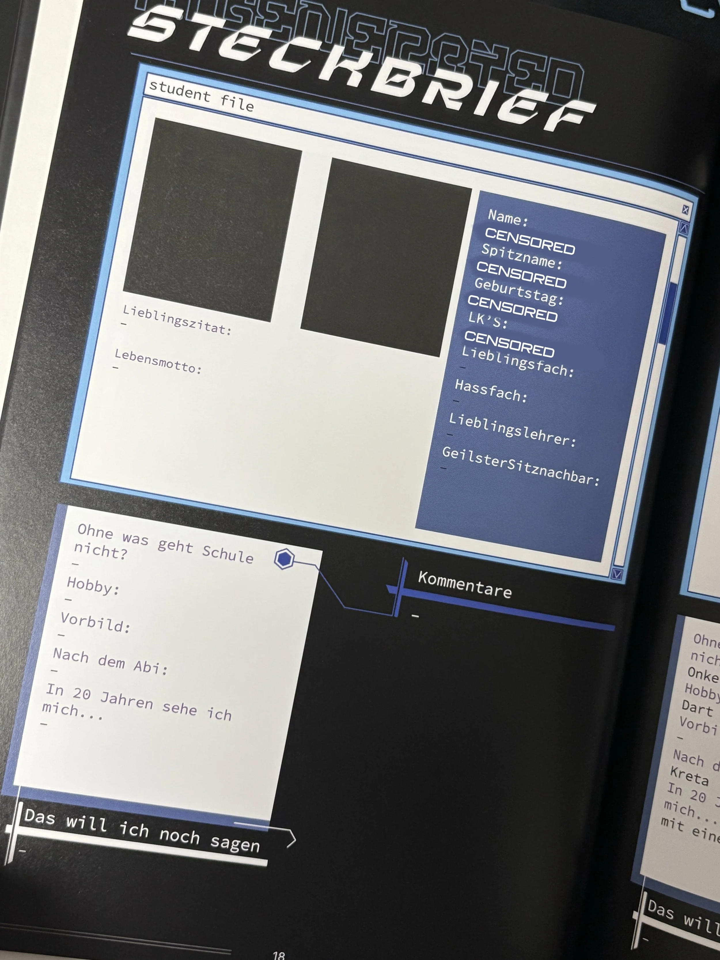 "A(B)I 2025: Coding our Future" Graduation Yearbook sample page designed by me (note: unfortunately, I am not able to show more sample pages due to data protection) 