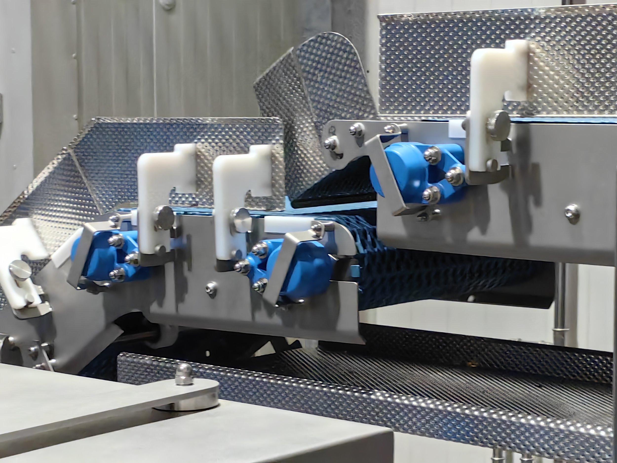 Close-up of a piece of industrial machinery with metallic parts, rollers with blue cushioning, and a conveyor belt, likely used in food processing or manufacturing.