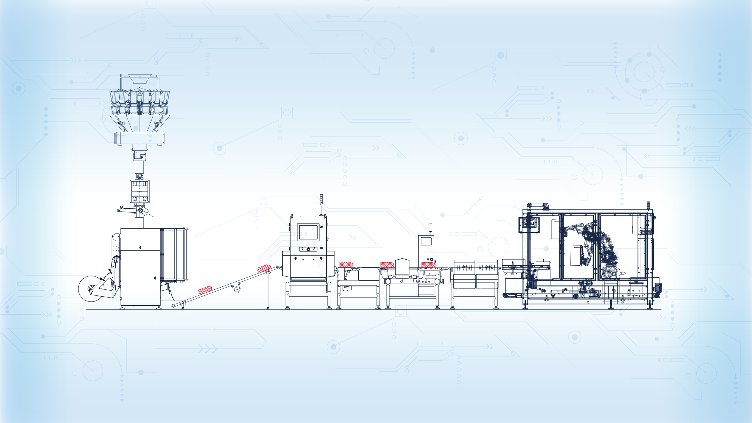 Blueprint of an automated factory production line with machinery, robotic arms, and control panels on a light blue digital background.