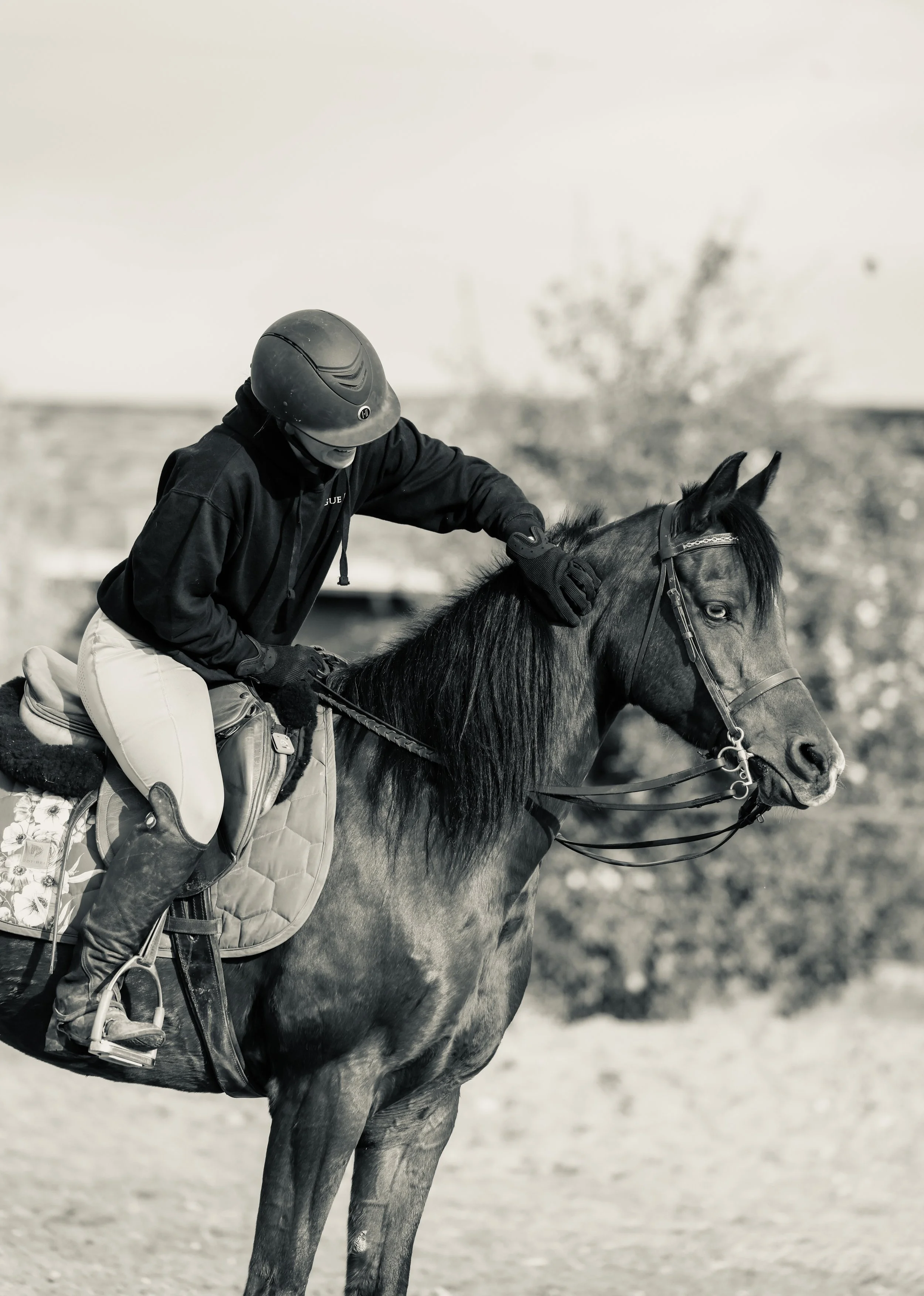 A jockey riding a horse during a race on a dirt track with a blurred background.