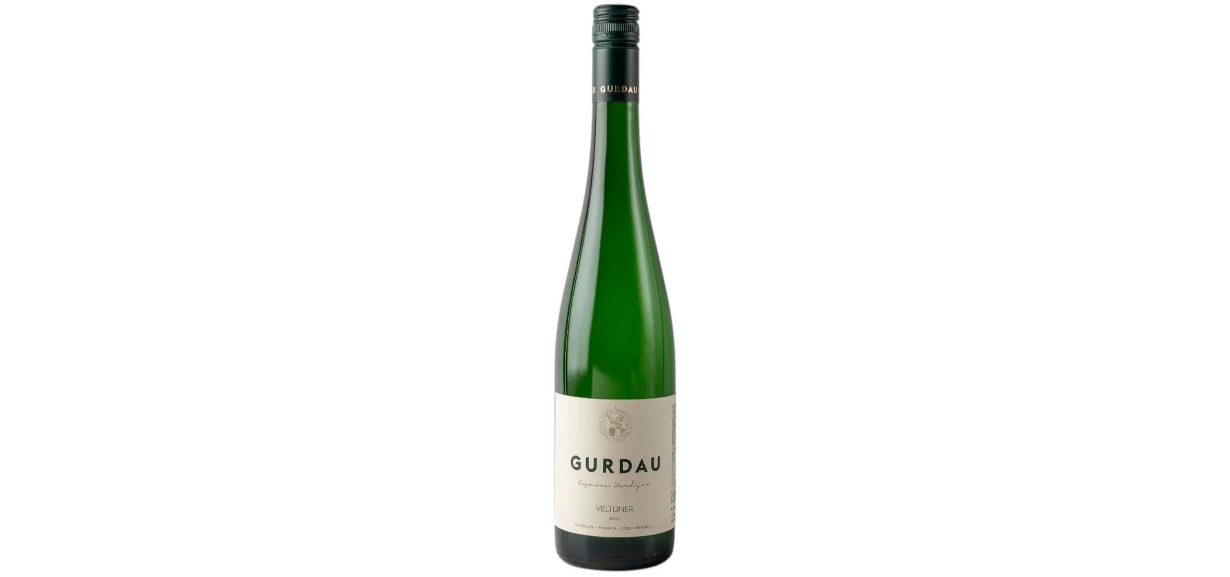 Green wine bottle with a black cap, labeled 'GURDAU' and 'VELTLINER'.