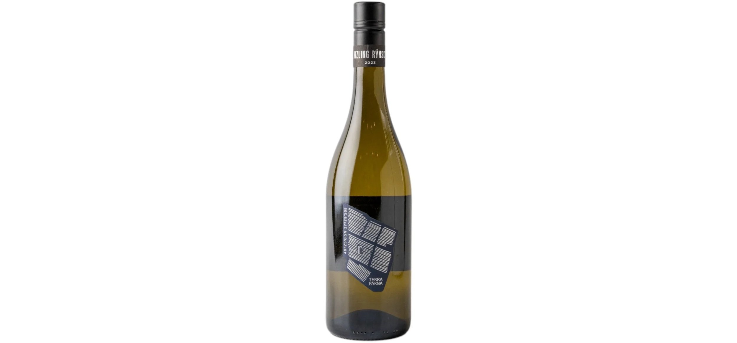 A wine bottle with a black cap and minimalist label design.