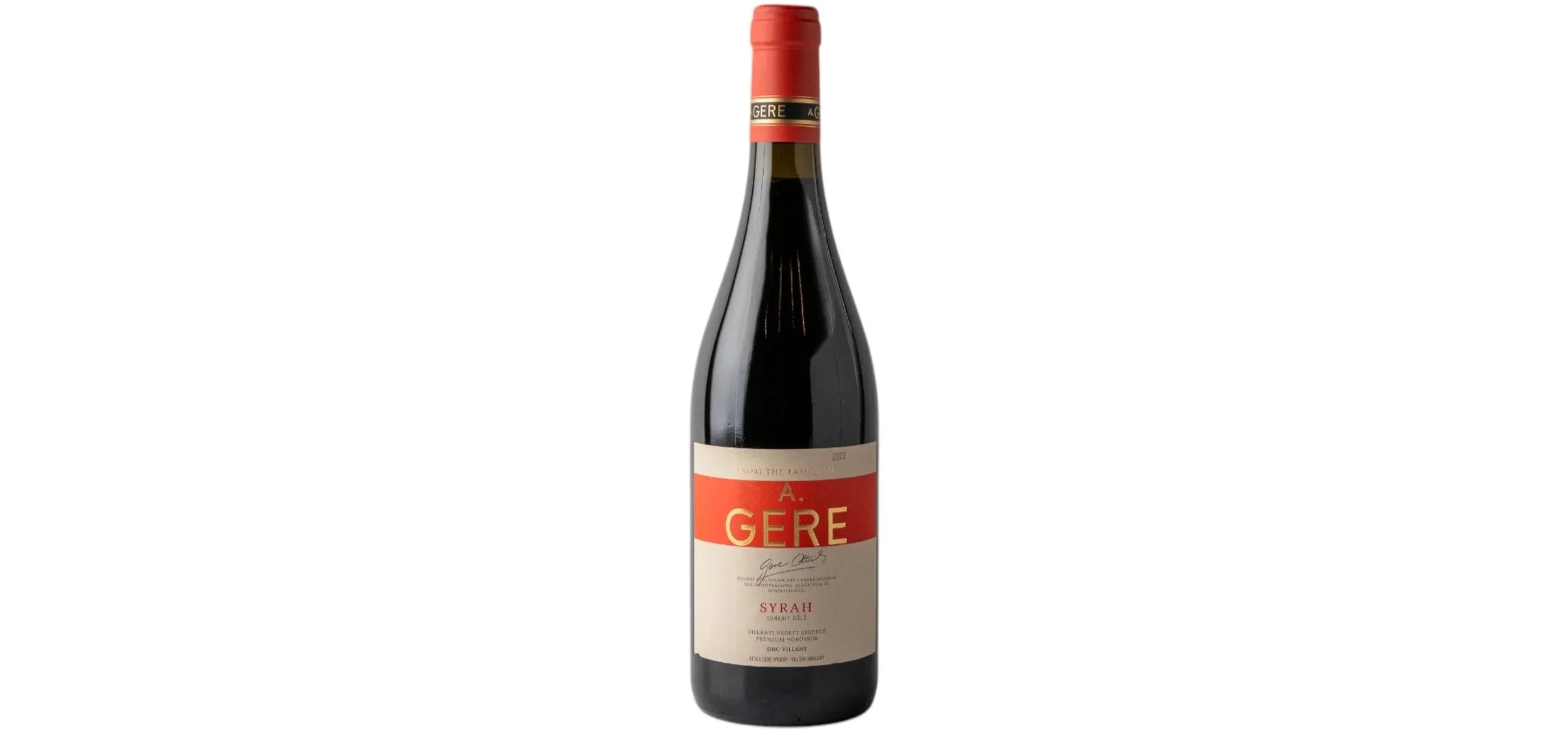 A bottle of red wine with a red and white label and a red cap.