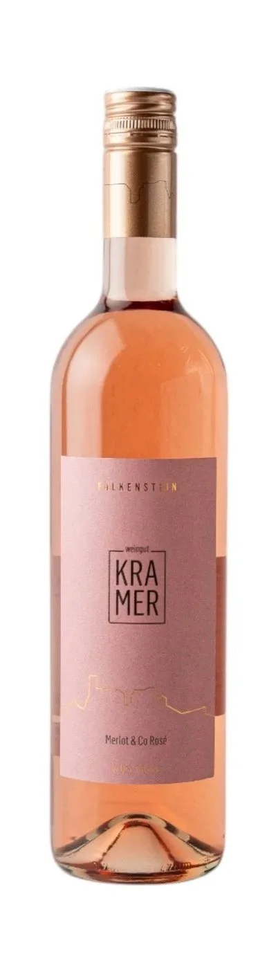 A bottle of rosé wine labeled 'KRAMER Merlot & Co Rosé' with a light pink label and a gold-colored screw cap.