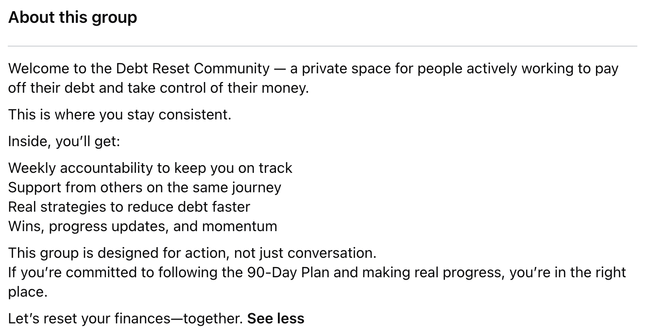 Screenshot of a webpage about a Debt Reset Community group. The page describes the group as a private space for people working to pay off debt, emphasizing accountability, support, strategies, and action.