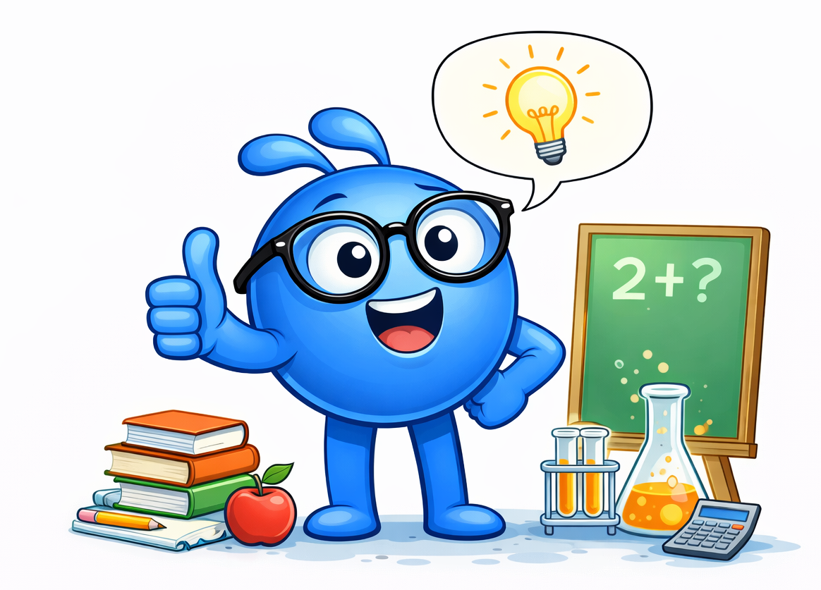 A cartoon blue character with glasses giving a thumbs up, standing next to a blackboard with '2+?' written on it, surrounded by books, an apple, scientific equipment, and a calculator, with a speech bubble containing a light bulb.