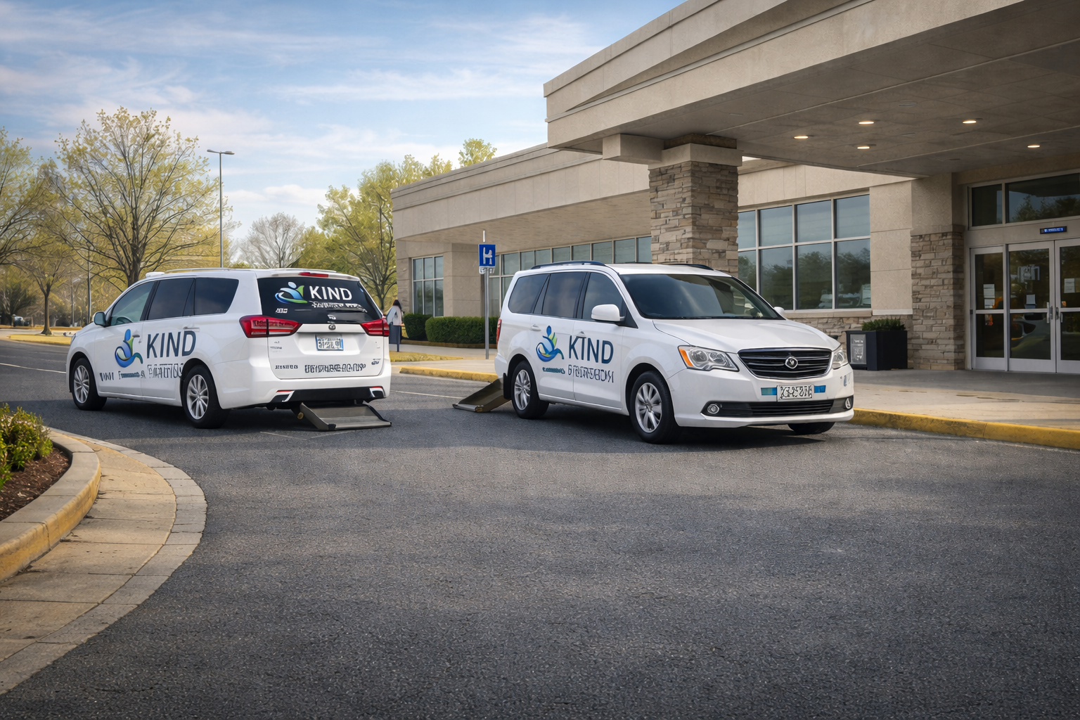 Two white vehicles with 'KIND' logos parked outside a building, one with a wheelchair lift, on a paved lot with trees and a building in the background