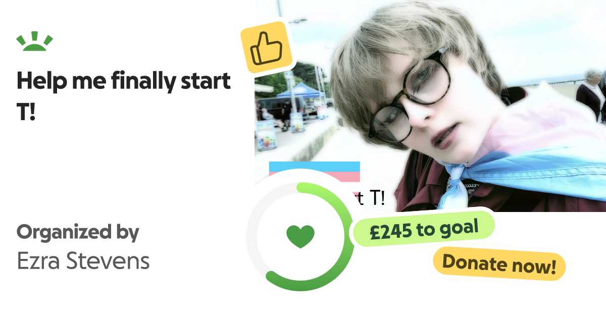 A young person with light-colored hair, glasses, and a scarf around their neck at an outdoor event. The image includes a fundraising progress display indicating a goal of 245 pounds and a call to donate, with a thumbs-up icon and a green heart tracker.