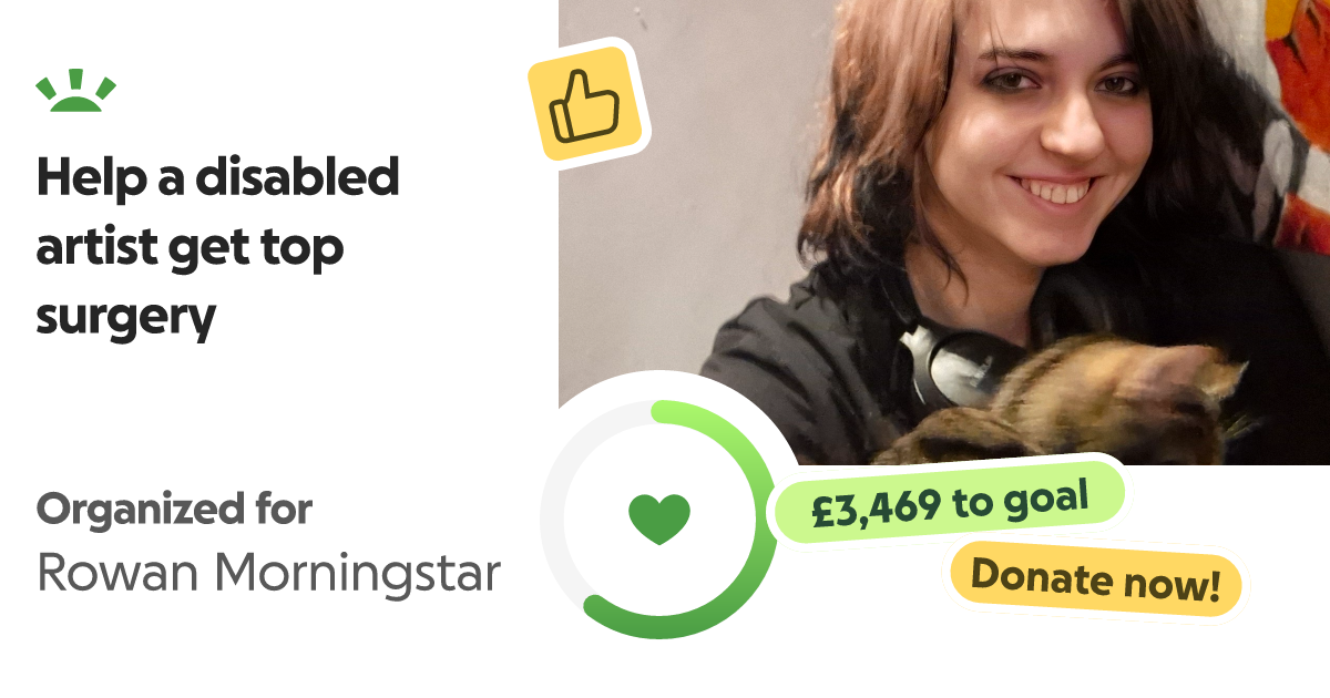 A young woman with brown and black hair smiling and holding a cat. The left side of the image contains a charity appeal with the text "Help a disabled artist get top surgery" organized for Rowan Morningstar, with a progress circle showing £3,469 to goal and a yellow "Donate now!" button.