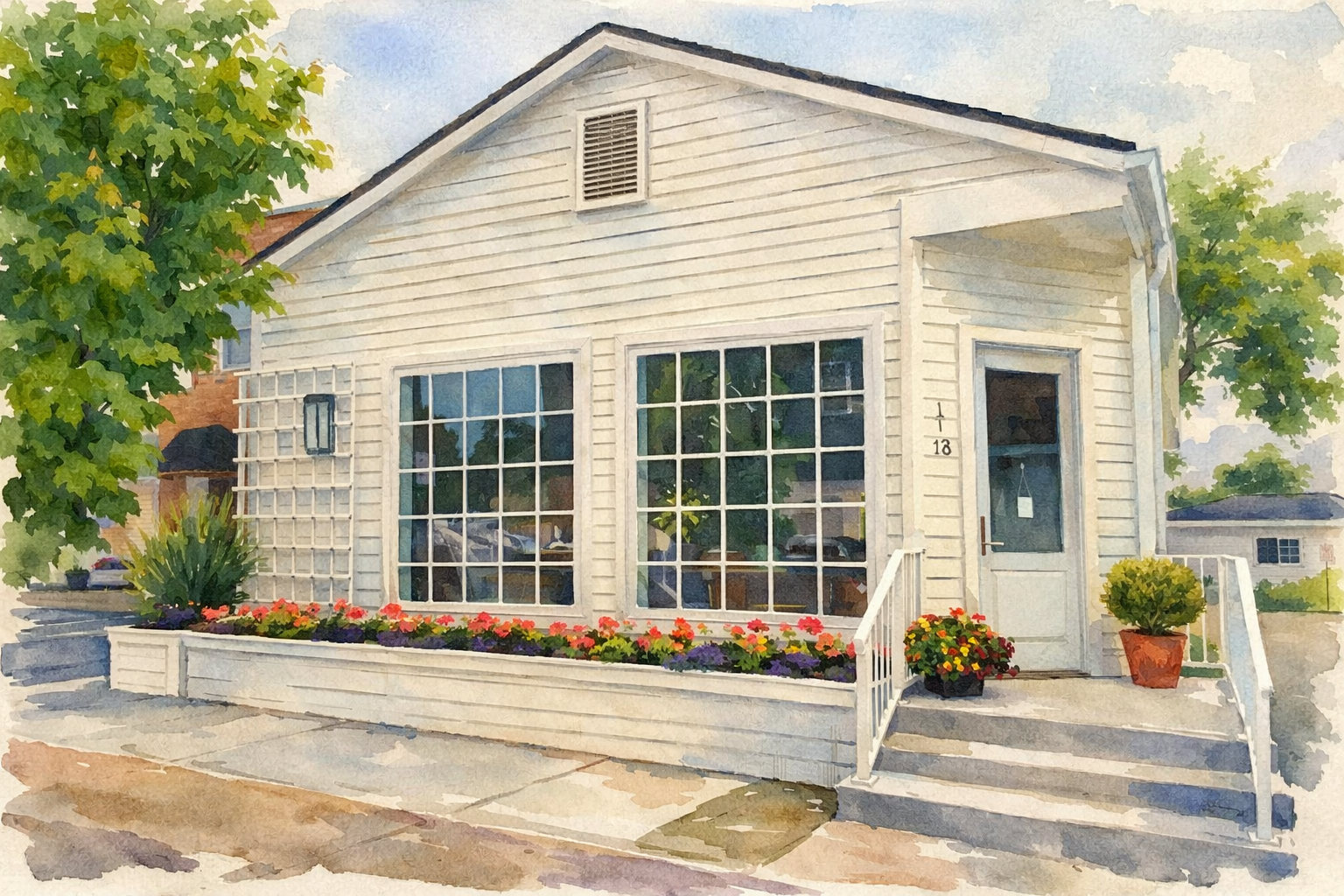 Watercolor painting of a white house with large front windows, a garden with colorful flowers, a small porch with stairs, and a potted plant near the door.