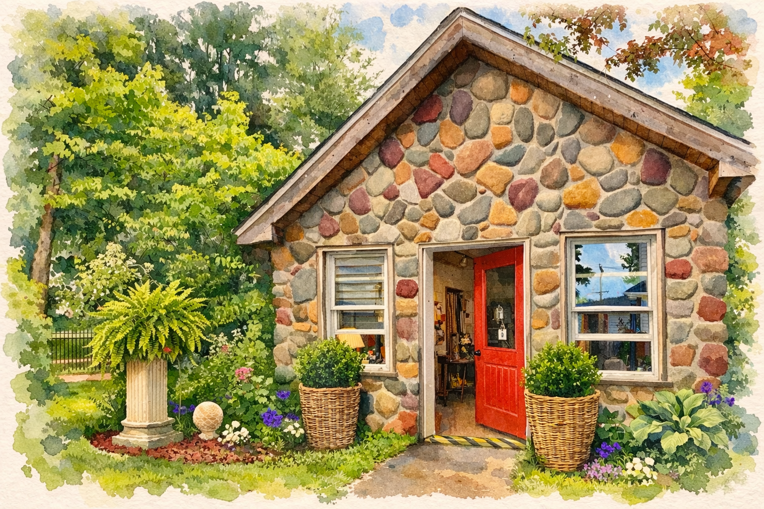 A stone cottage with a red door, surrounded by lush green plants and flowers, and a background of trees with colorful autumn leaves.