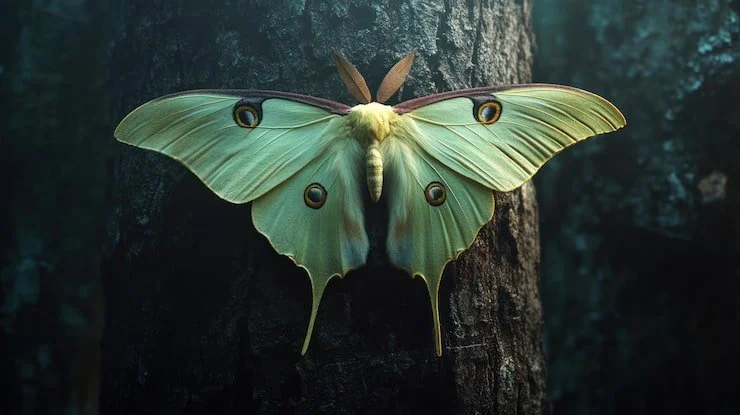 A large Luna moth with pale green wings and eye spots, resting on a dark tree trunk in a forest setting.